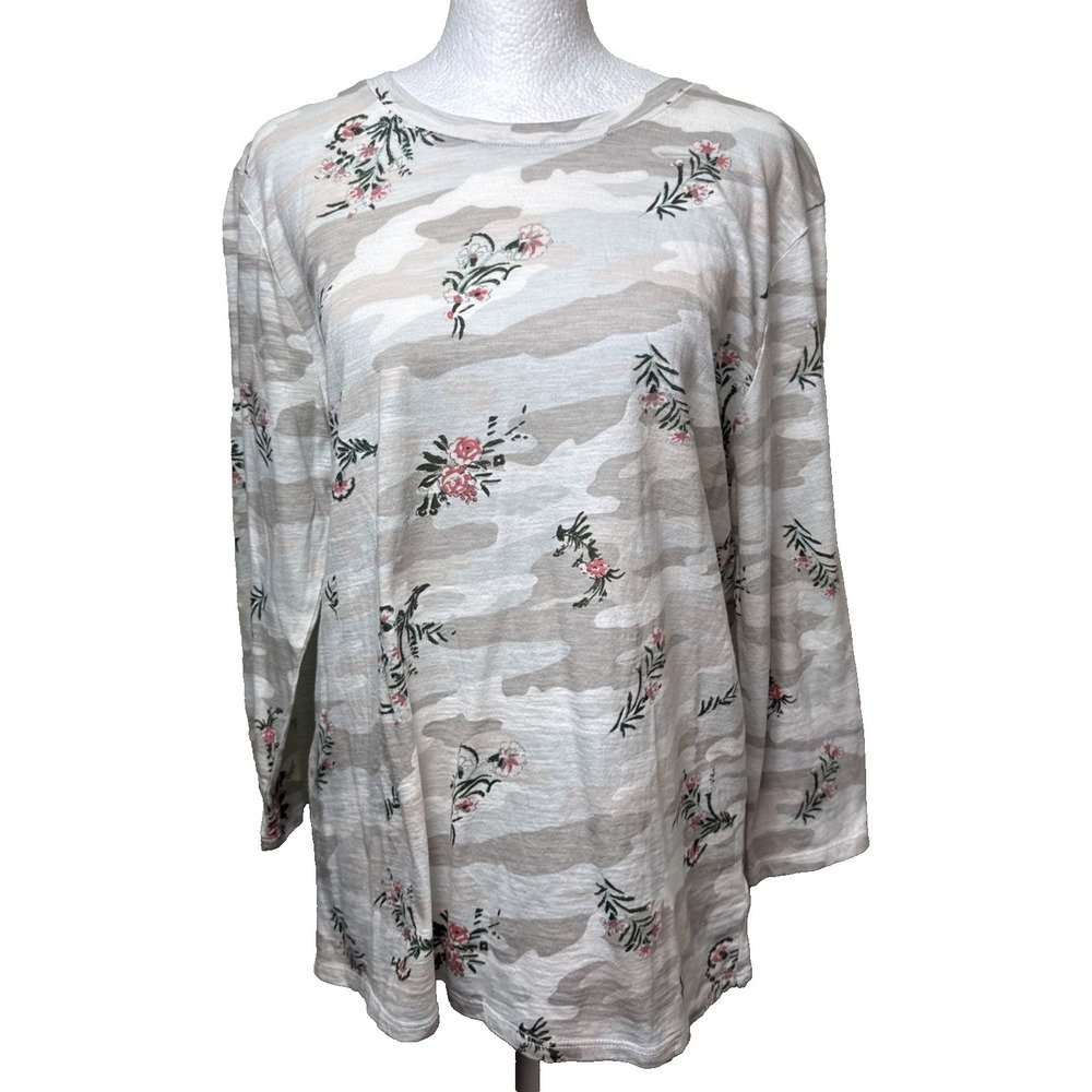Lucky Brand Floral Camo Slub Knit Cotton Long Sleeve Top T Shirt Graphic‎ Large